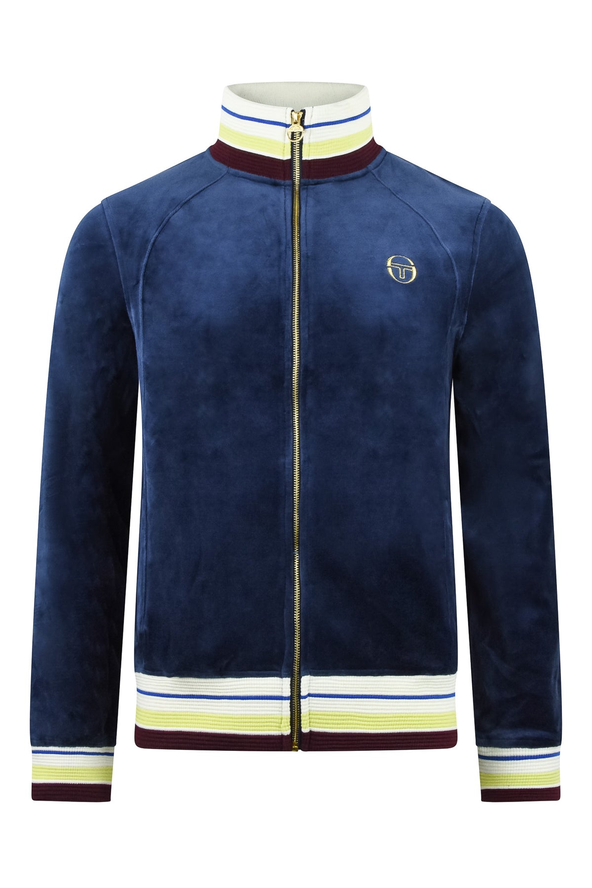 Men's velour track jacket, dark blue with striped rib collar and gold zip front