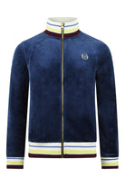 Men's velour track jacket, dark blue with striped rib collar and gold zip front