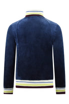 Men's velour track jacket, dark blue with striped rib collar and hem, back view