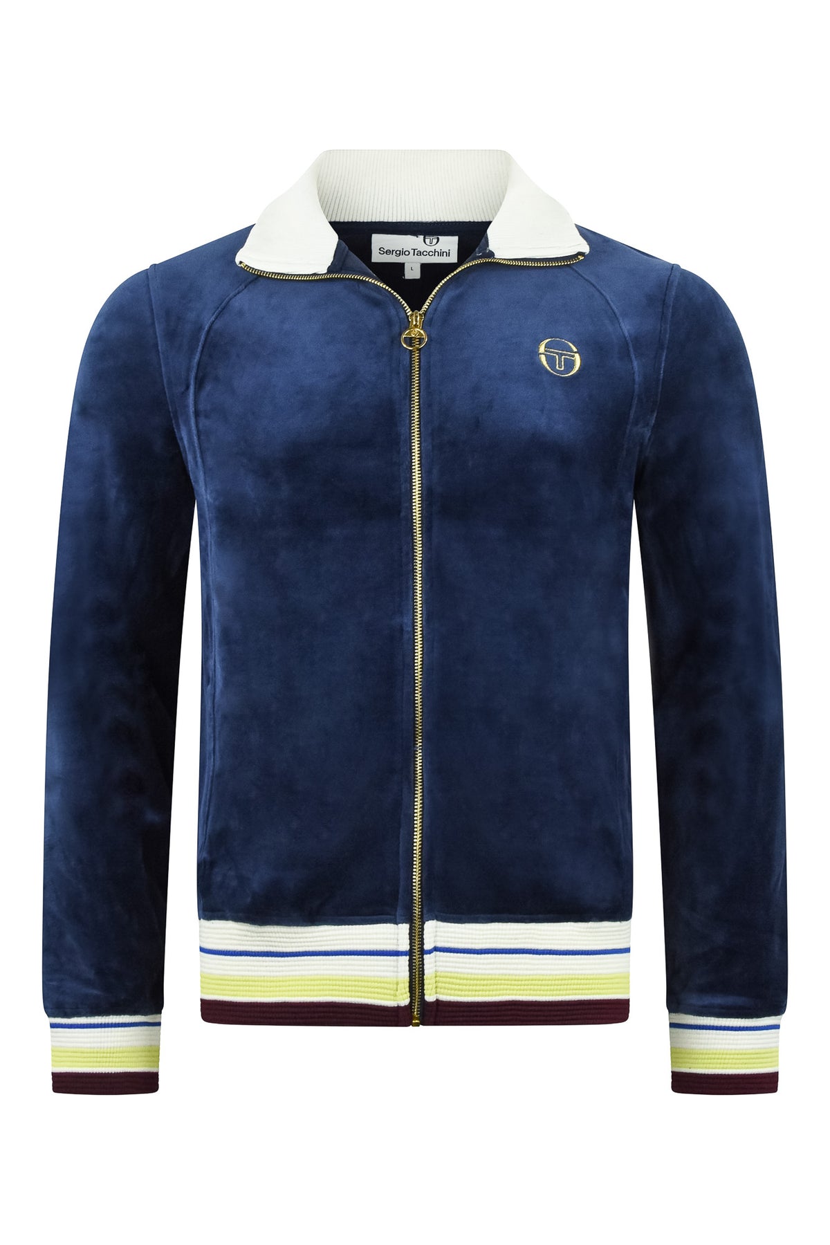Men's dark blue velour track jacket with gold zip, striped collar and TT logo