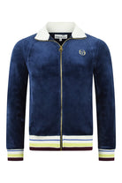 Men's dark blue velour track jacket with gold zip, striped collar and TT logo
