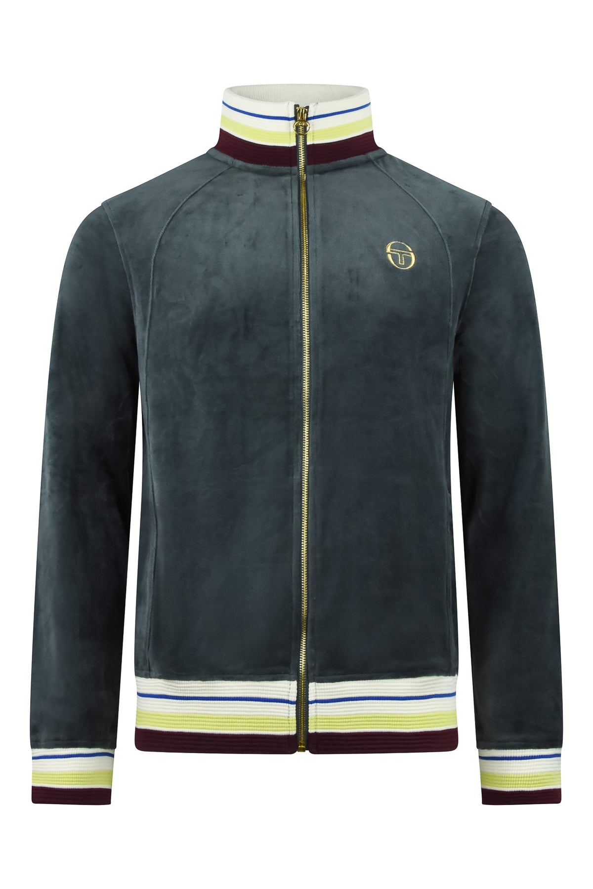 Dark teal velour track jacket with zip-front and multicolor striped rib trim