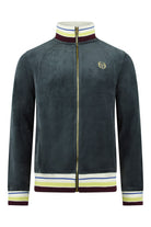 Dark teal velour track jacket with zip-front and multicolor striped rib trim