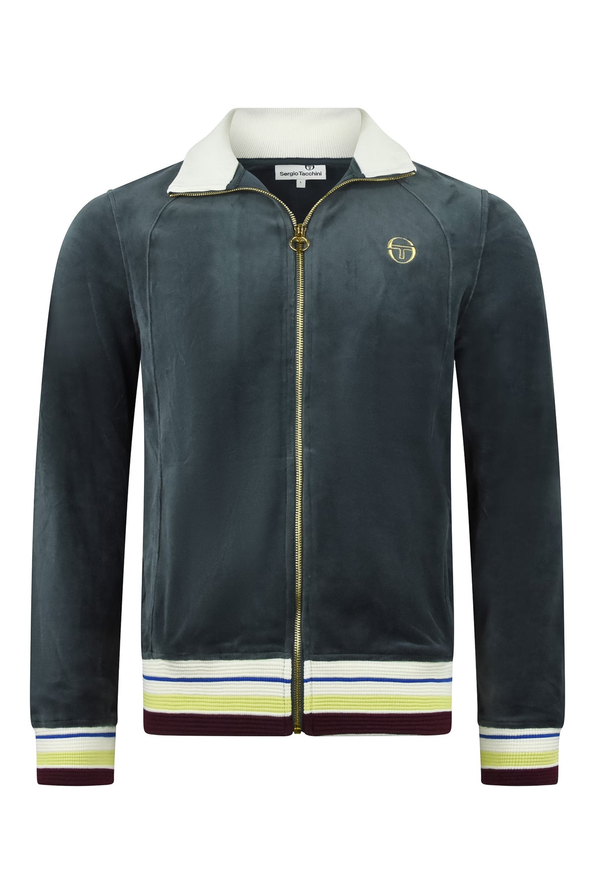 Dark teal velour track jacket with stand collar, zip front, and striped cuffs