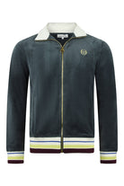 Dark teal velour track jacket with stand collar, zip front, and striped cuffs