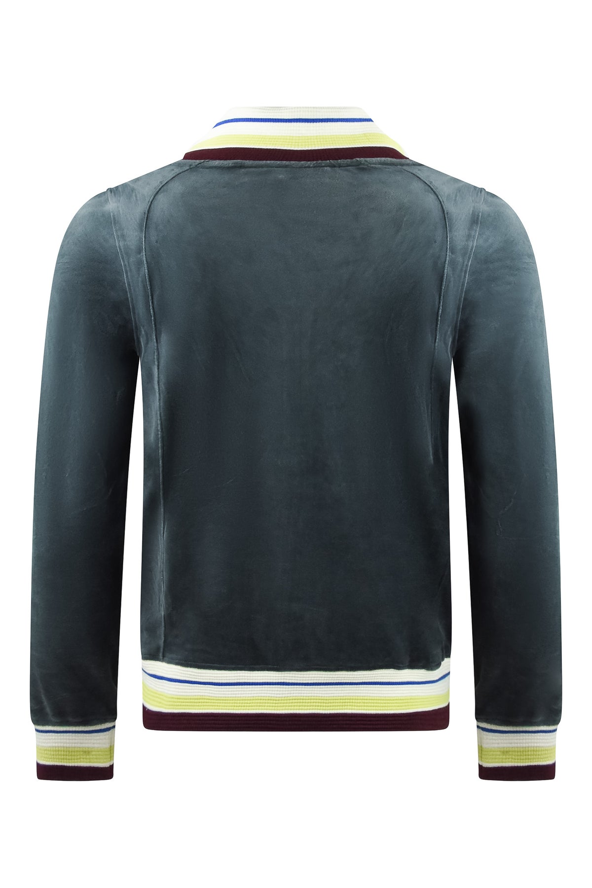 Back view of dark teal velour track jacket with striped hem and cuffs