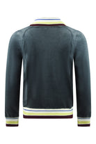 Back view of dark teal velour track jacket with striped hem and cuffs