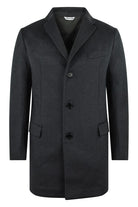 Charcoal grey wool-cashmere overcoat with notch lapel, front buttons, side pockets