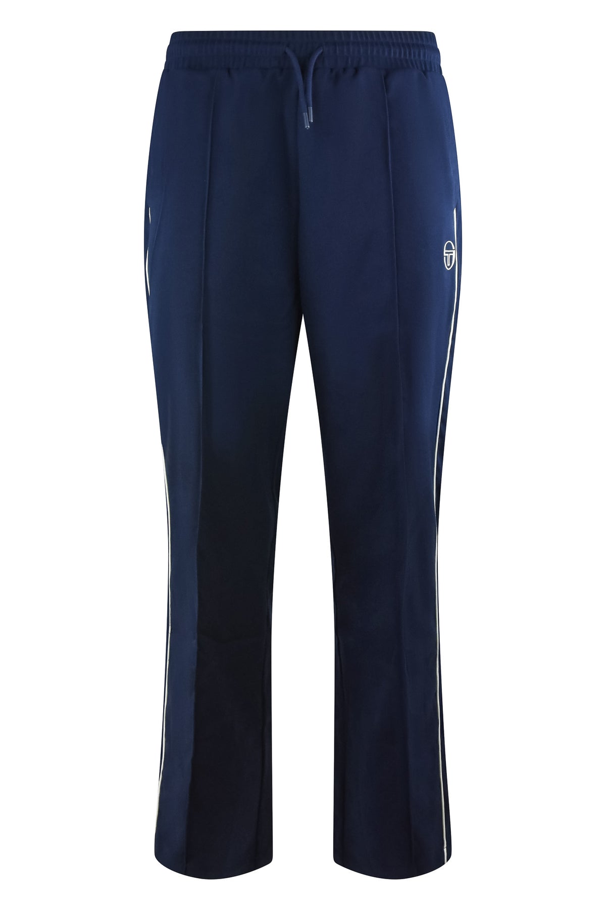 Navy track pants with elastic waist, drawstring, and white side stripe detail