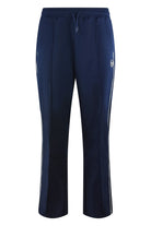Navy track pants with elastic waist, drawstring, and white side stripe detail