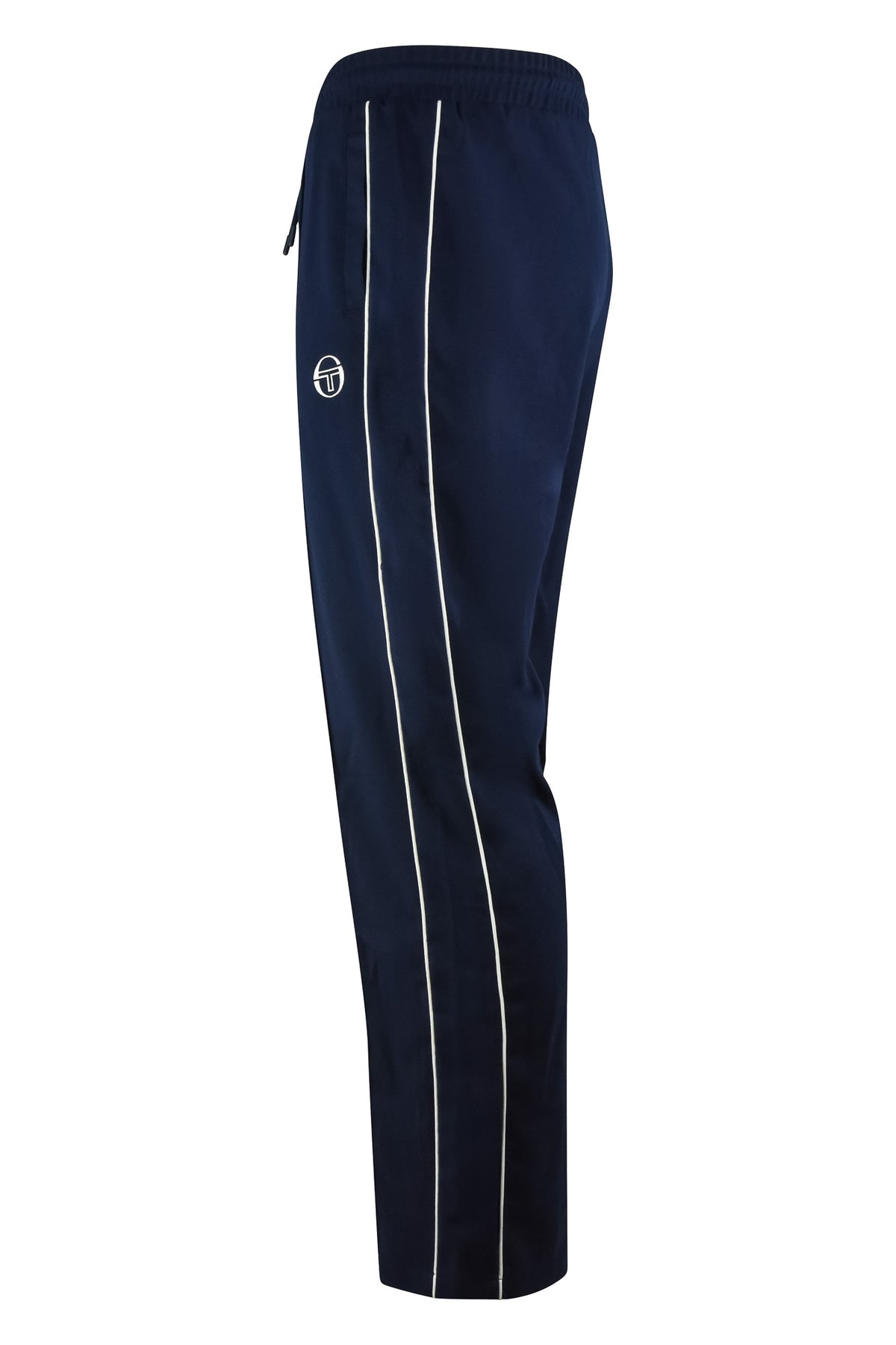 Navy track pants side view with elastic waist and vertical white stripe