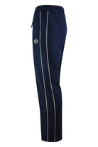 Navy track pants side view with elastic waist and vertical white stripe