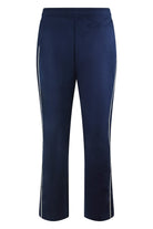 Navy track pants with white side stripes and elastic waistband