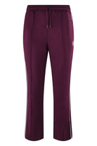 Purple track pants with drawstring waist and contrast side stripe