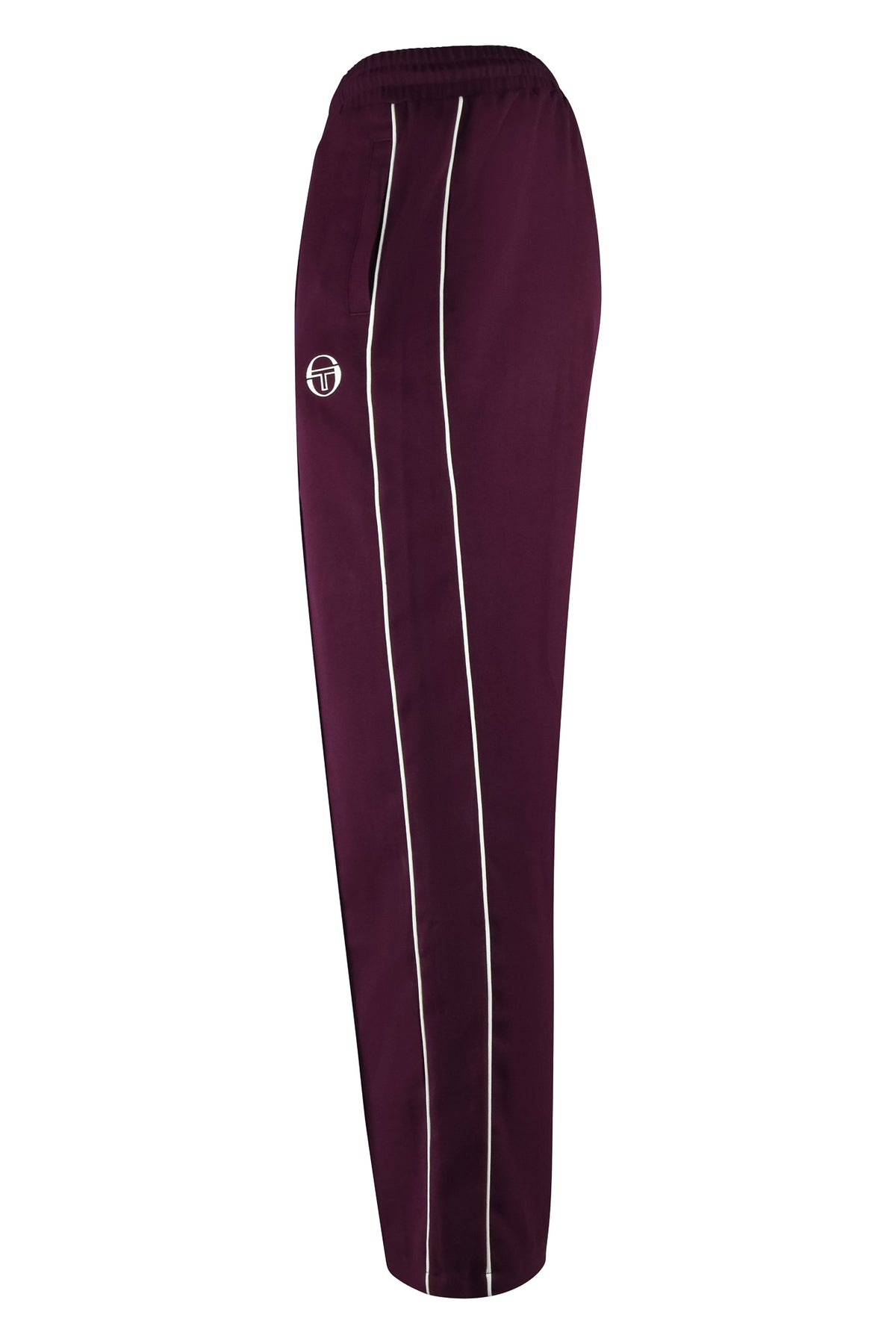 Purple track pants back view with drawstring waist and contrast side stripe