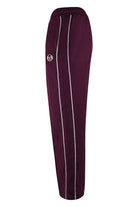 Purple track pants back view with drawstring waist and contrast side stripe