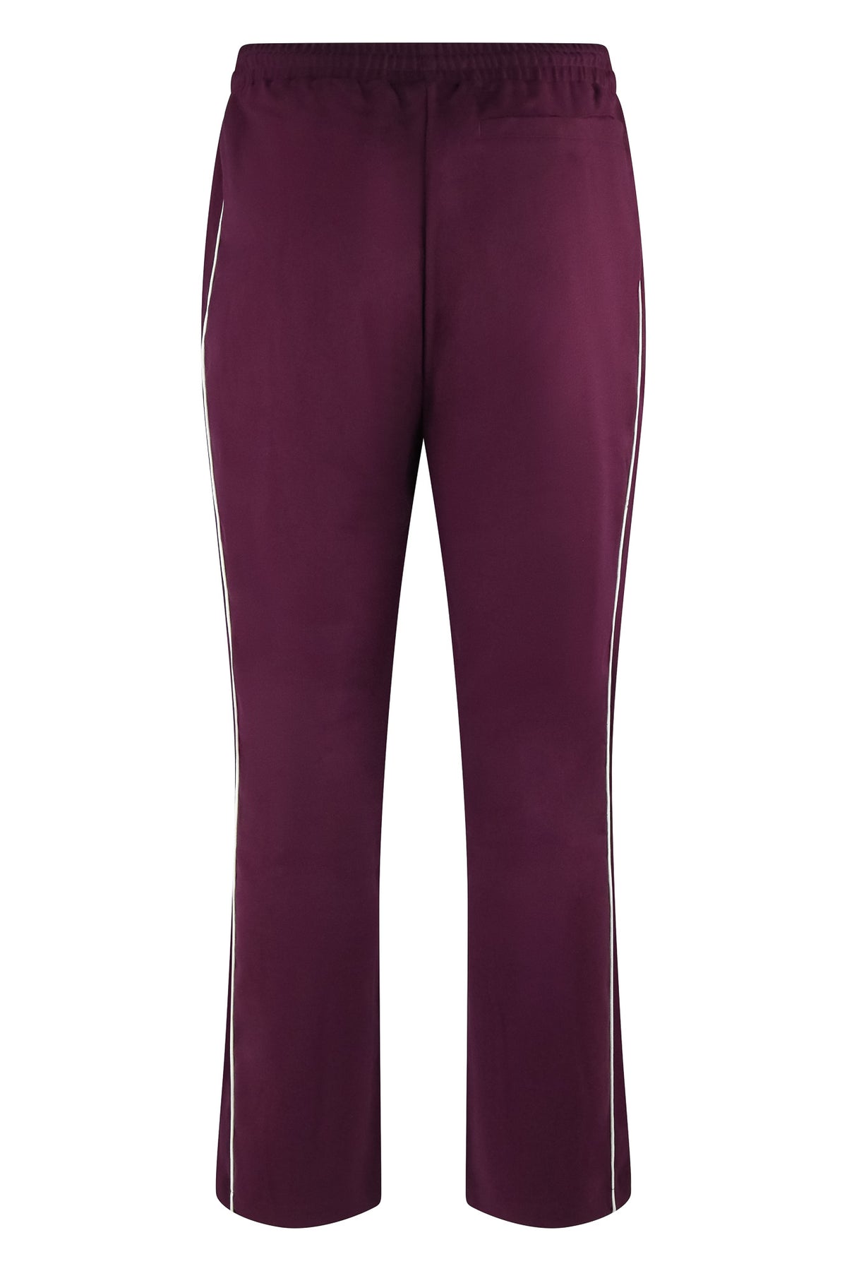 Burgundy track pants with white side stripes and tapered cropped legs