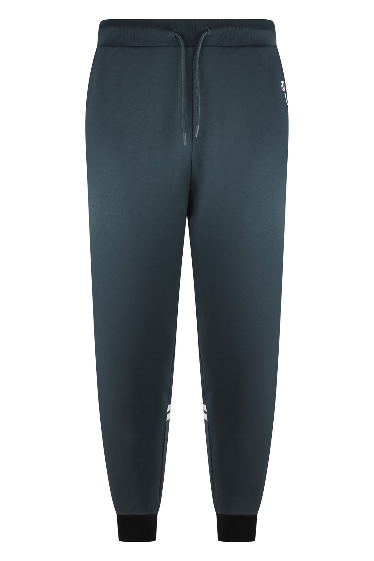 Men's track pants in dark teal with drawstring waist and tapered legs