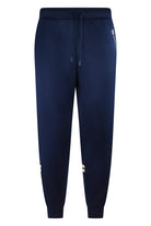 Navy blue track pants with elastic waist and drawstring, tapered ankle cuffs