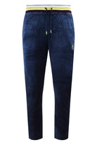 Velour track pants in maritime blue with striped elastic waistband and drawstring