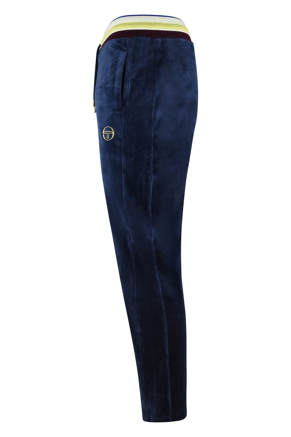 Velour track pants in maritime blue, side view with yellow trim and small logo