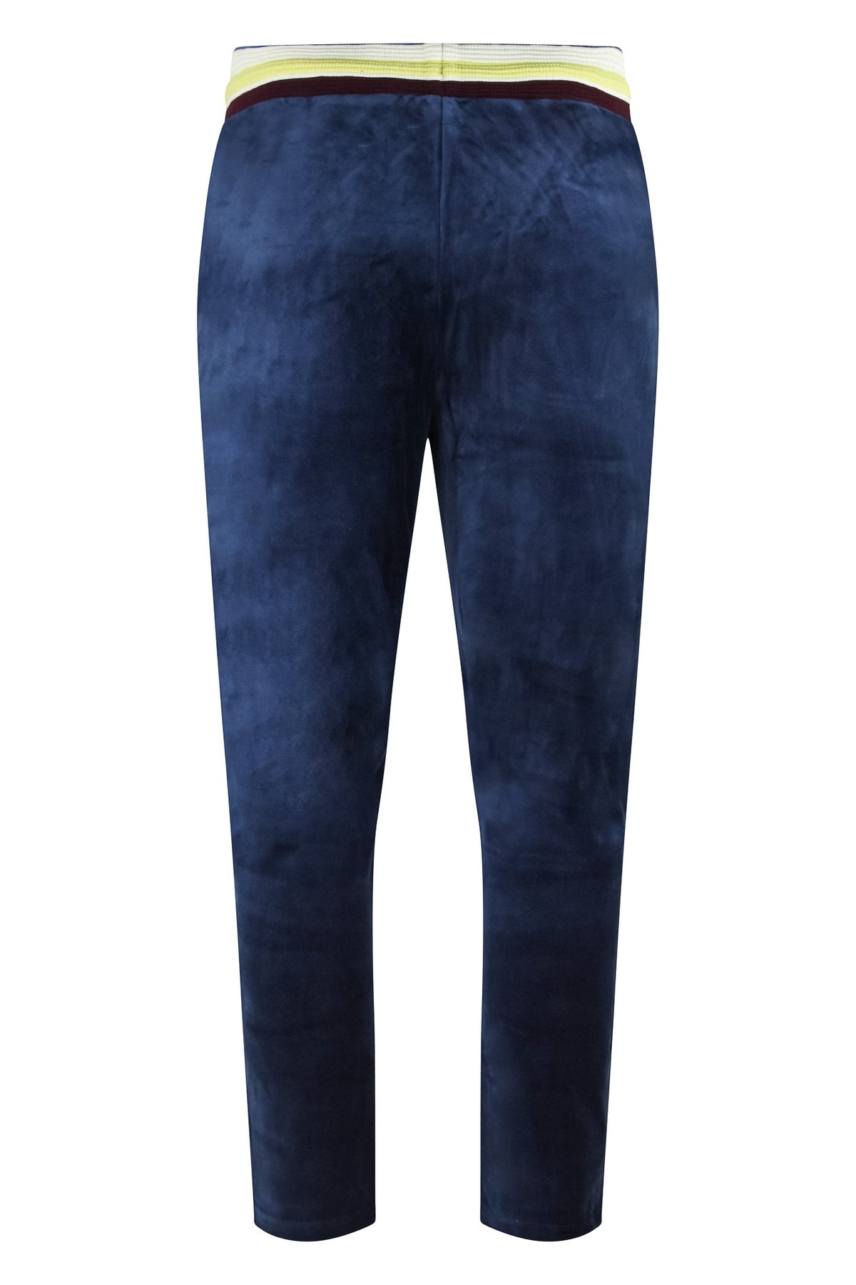 Velour track pants in maritime blue with straight legs, striped waistband and drawcord