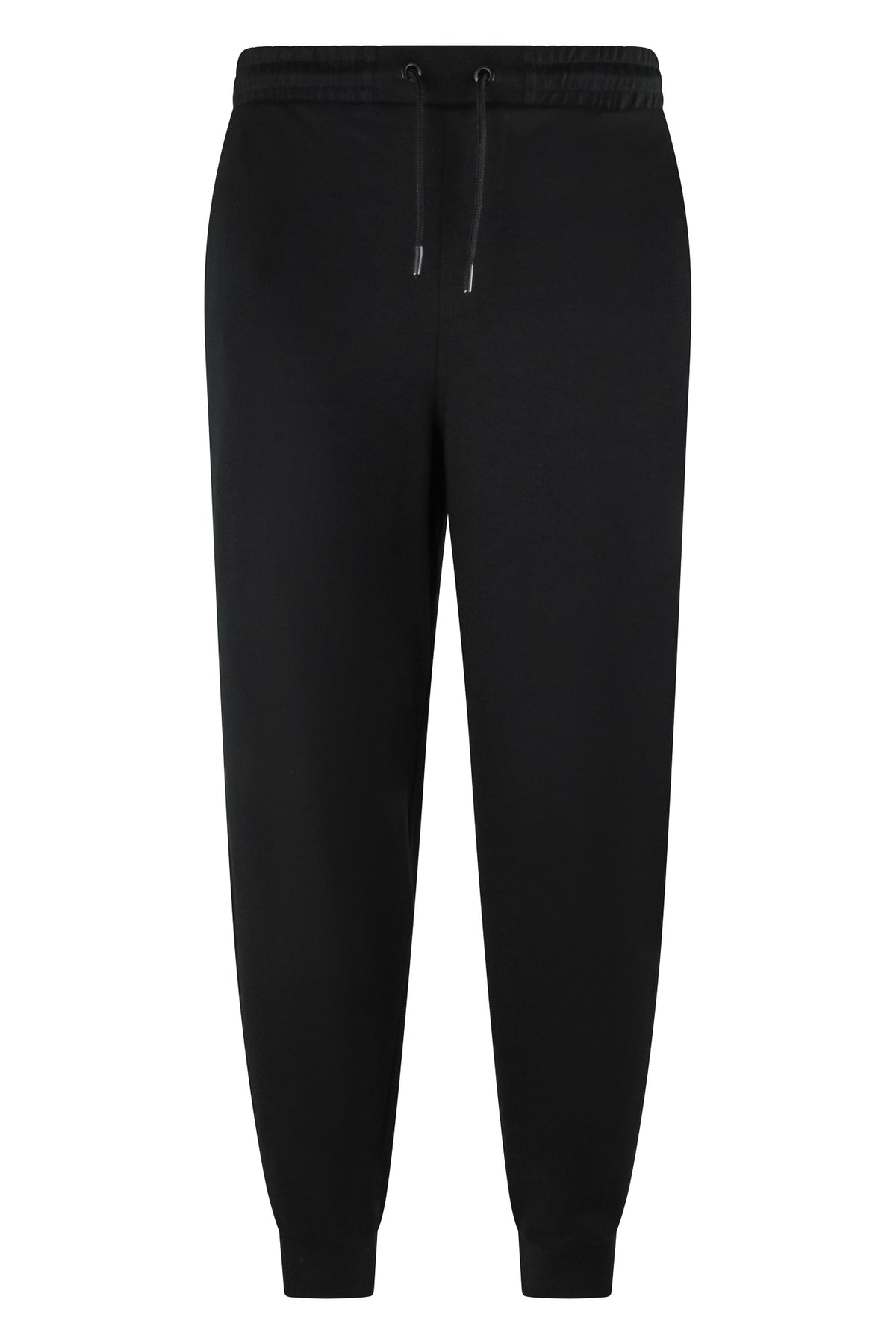Black drawstring jogger pants with tapered legs and ribbed cuffs
