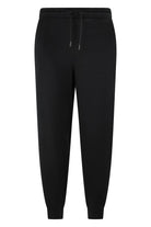 Black drawstring jogger pants with tapered legs and ribbed cuffs