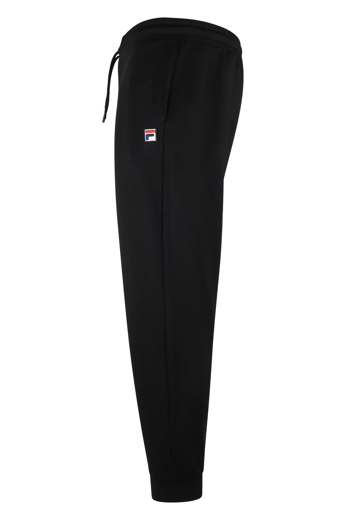Black jogger pants with small Fila logo on the side and ankle cuff