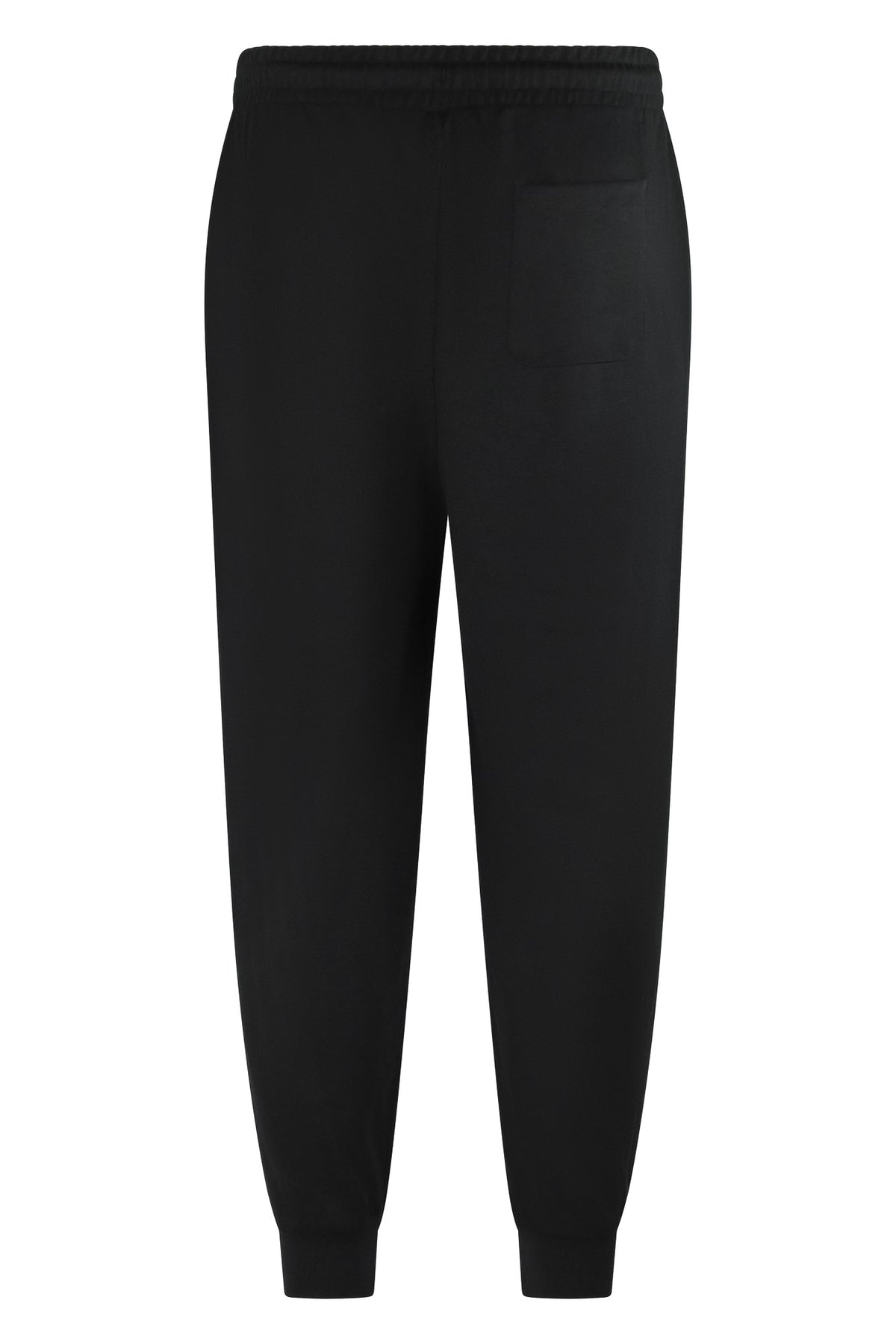 Black jogger pants with elastic waistband and tapered fit