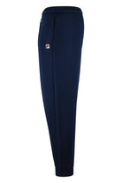Navy jogger pants with side logo patch and elastic cuff hem
