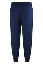 Navy jogger pants with elastic waistband and tapered leg