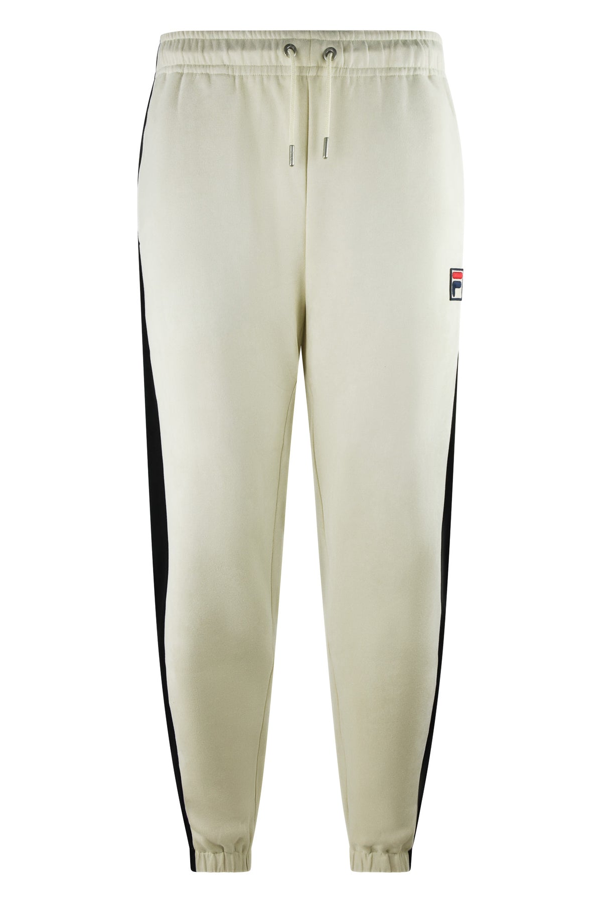 Colour-block track pants in cream with black side stripes, elastic cuffs and drawstring