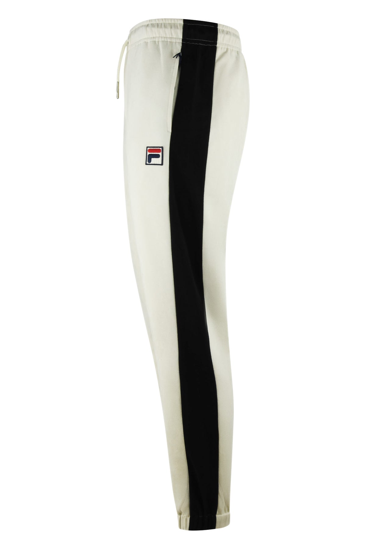Cream jogger pants with tall black vertical panel, elastic waistband and drawcord