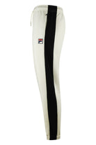 Cream jogger pants with tall black vertical panel, elastic waistband and drawcord