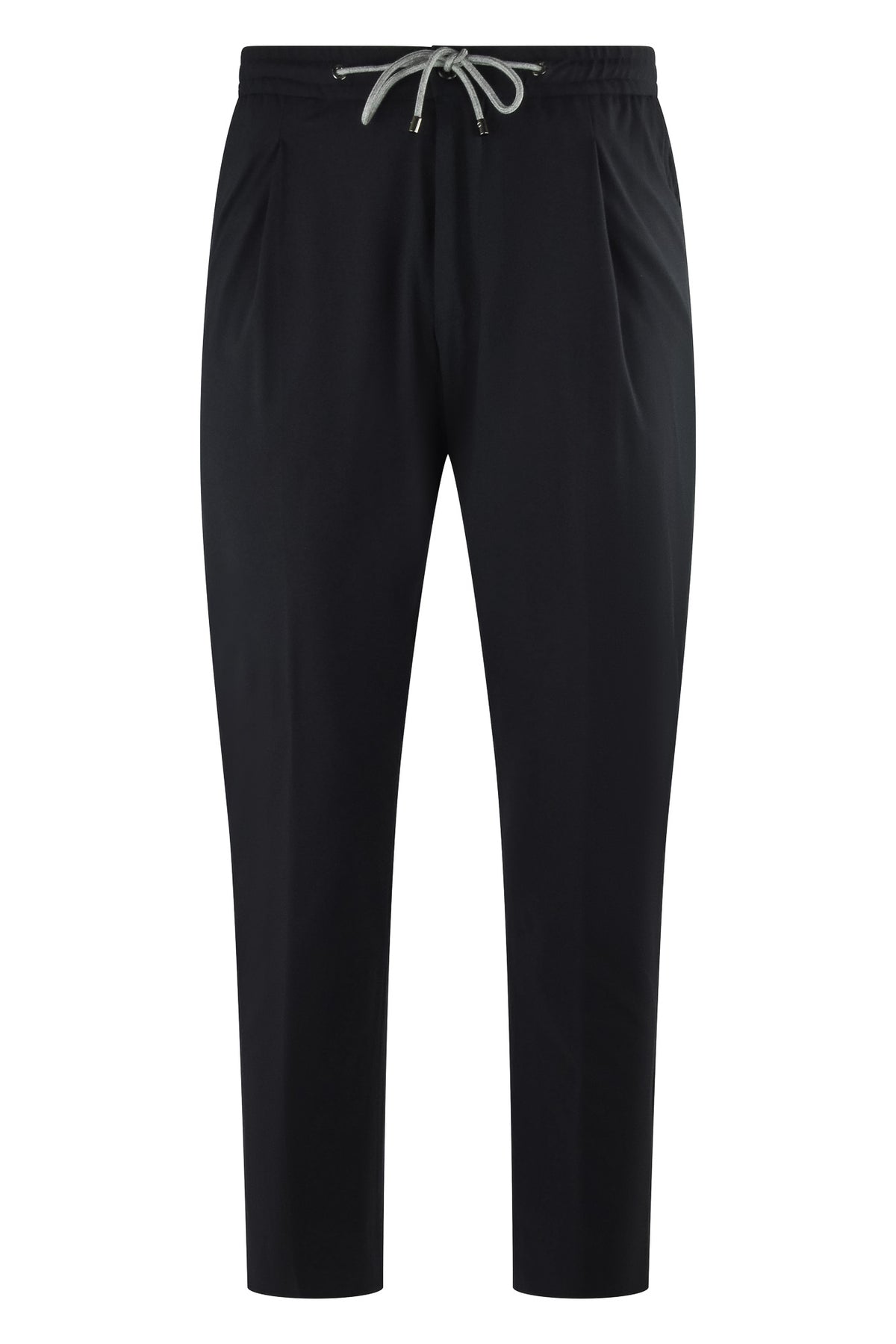 Black drawstring jersey stretch pants with elastic waistband and tapered leg