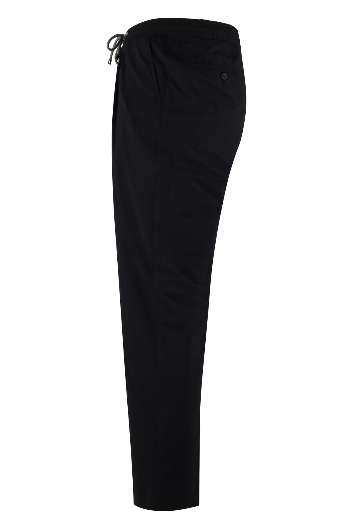 Black drawstring jersey stretch pants, side view with cuffed tapered hem