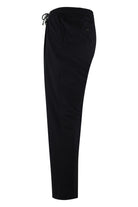 Black drawstring jersey stretch pants, side view with cuffed tapered hem