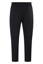 Black drawstring jersey stretch pants with elastic waistband and straight tapered fit