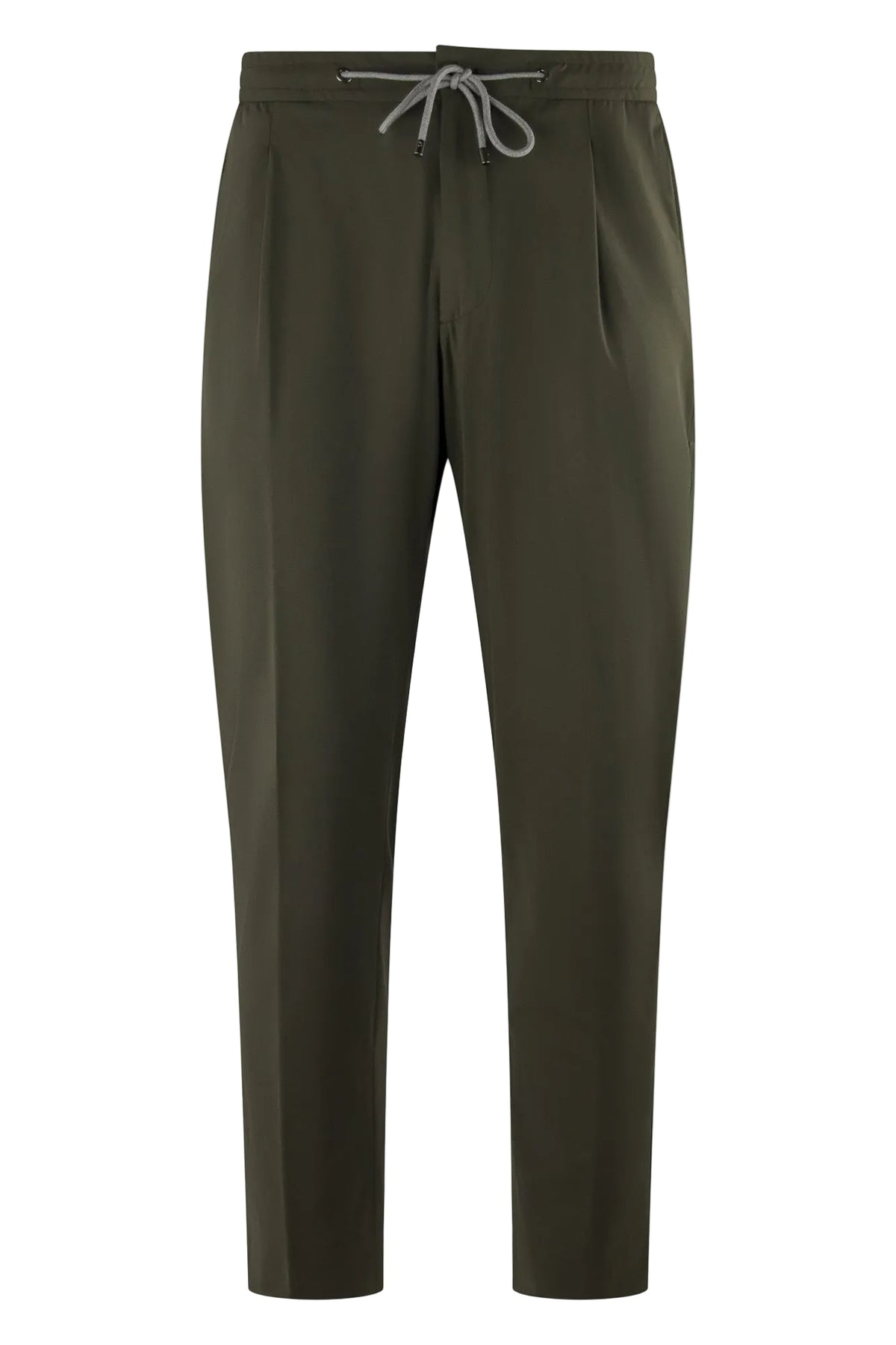Olive drawstring jersey stretch pants with tapered legs and elastic waistband