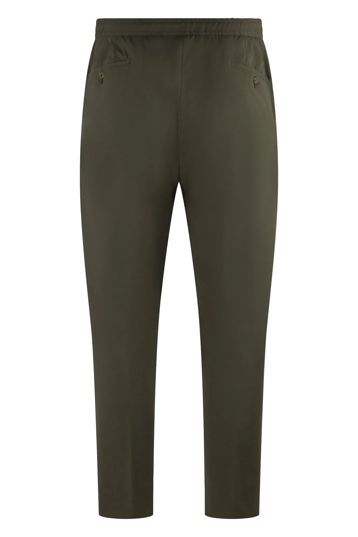 Olive jersey stretch pants with buttoned back welt pockets and straight tapered fit
