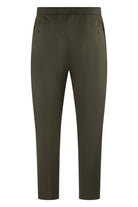 Olive jersey stretch pants with buttoned back welt pockets and straight tapered fit