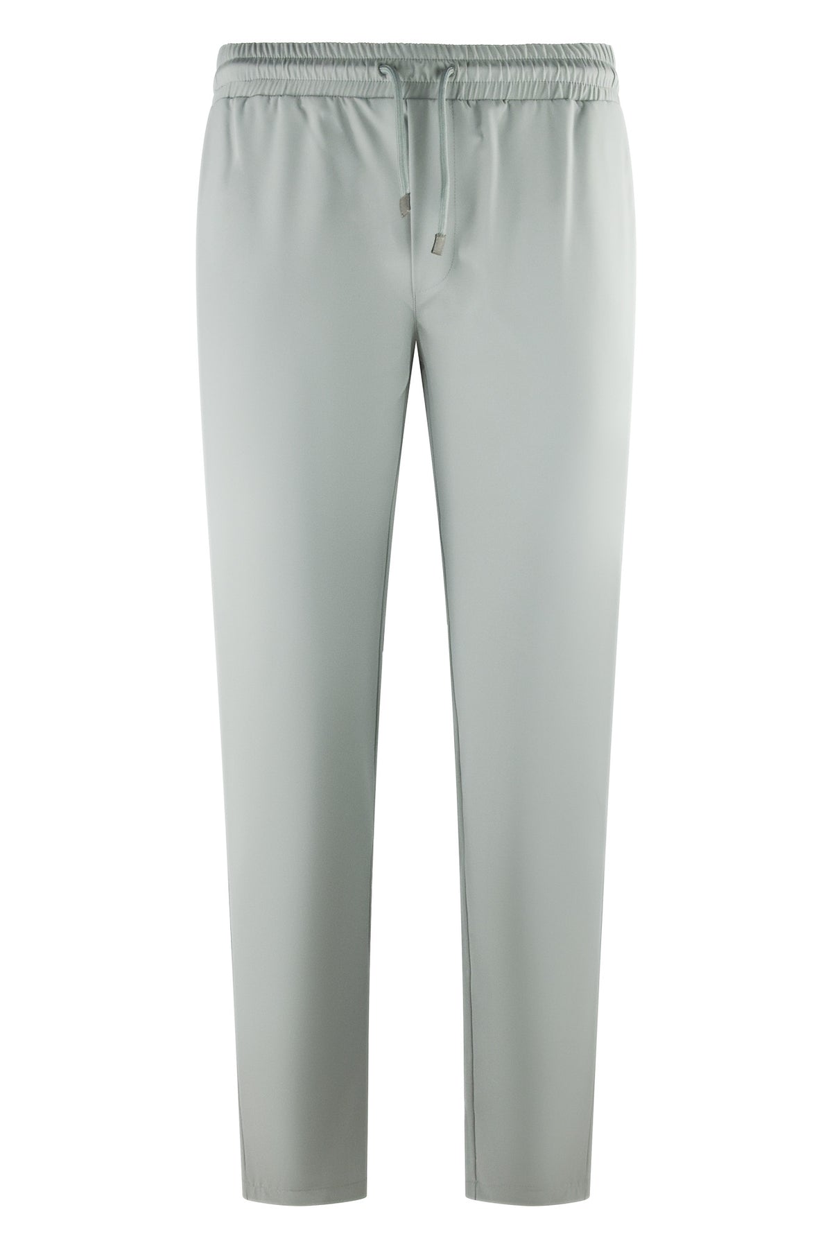 Stone grey drawstring tech pants with elastic waist and tapered legs
