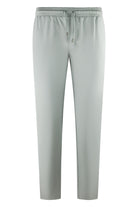 Stone grey drawstring tech pants with elastic waist and tapered legs