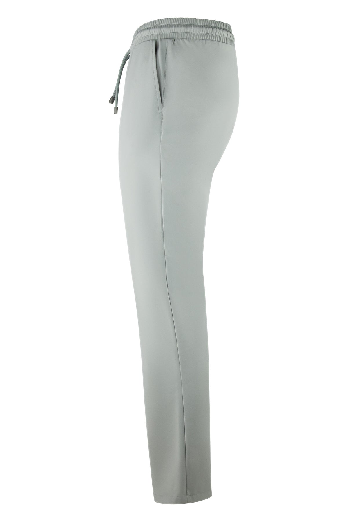 Stone grey tech pants, elastic waistband and tapered straight leg