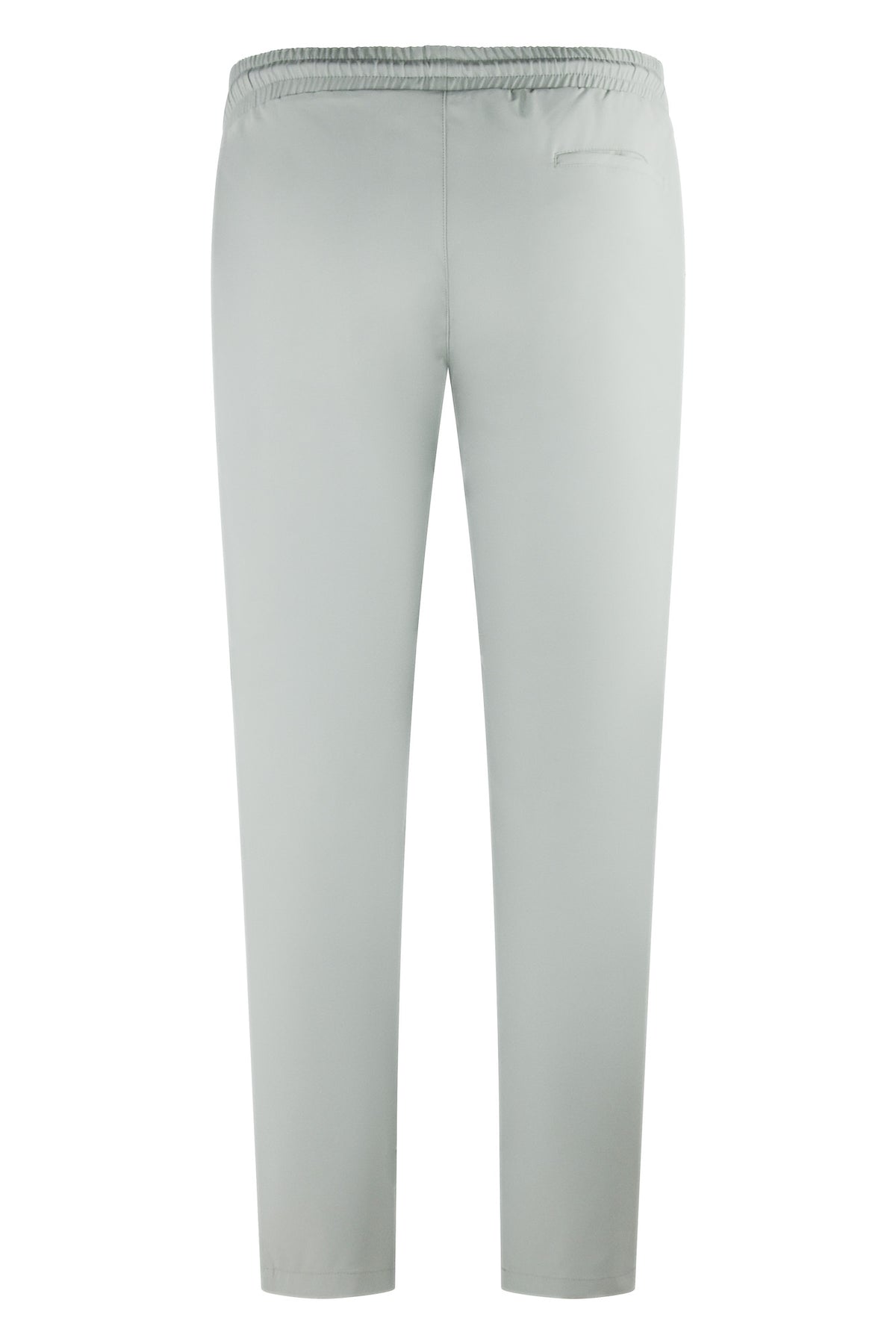 Stone grey tech pants with elastic waistband and straight tapered cut