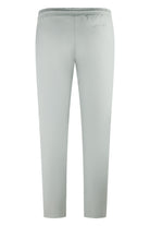 Stone grey tech pants with elastic waistband and straight tapered cut