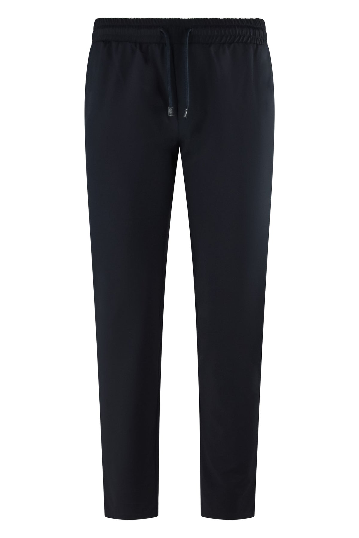 Corneliani navy drawstring tech pants with elastic waistband and tapered legs