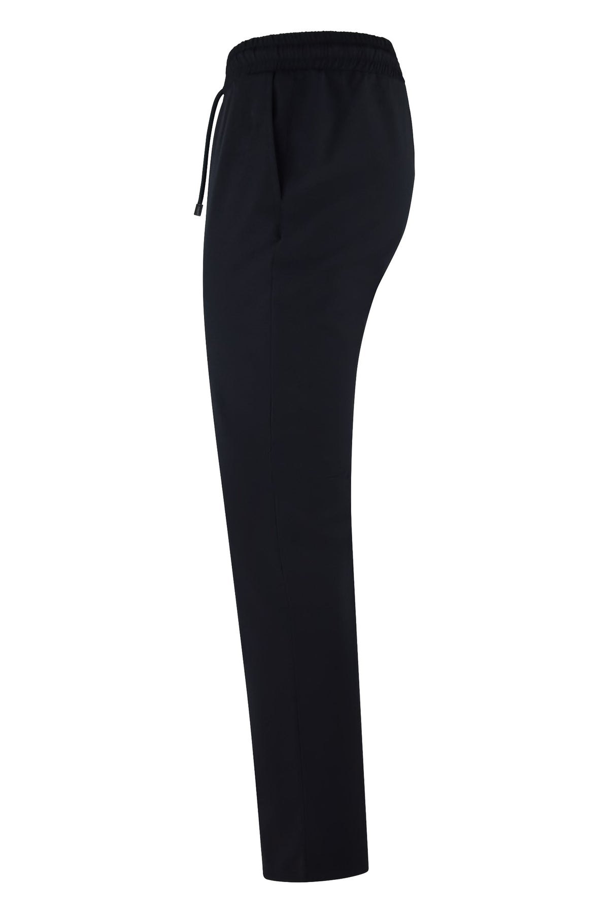 Navy drawstring tech pants with elastic waist and tapered side profile