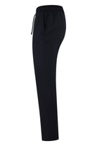 Navy drawstring tech pants with elastic waist and tapered side profile
